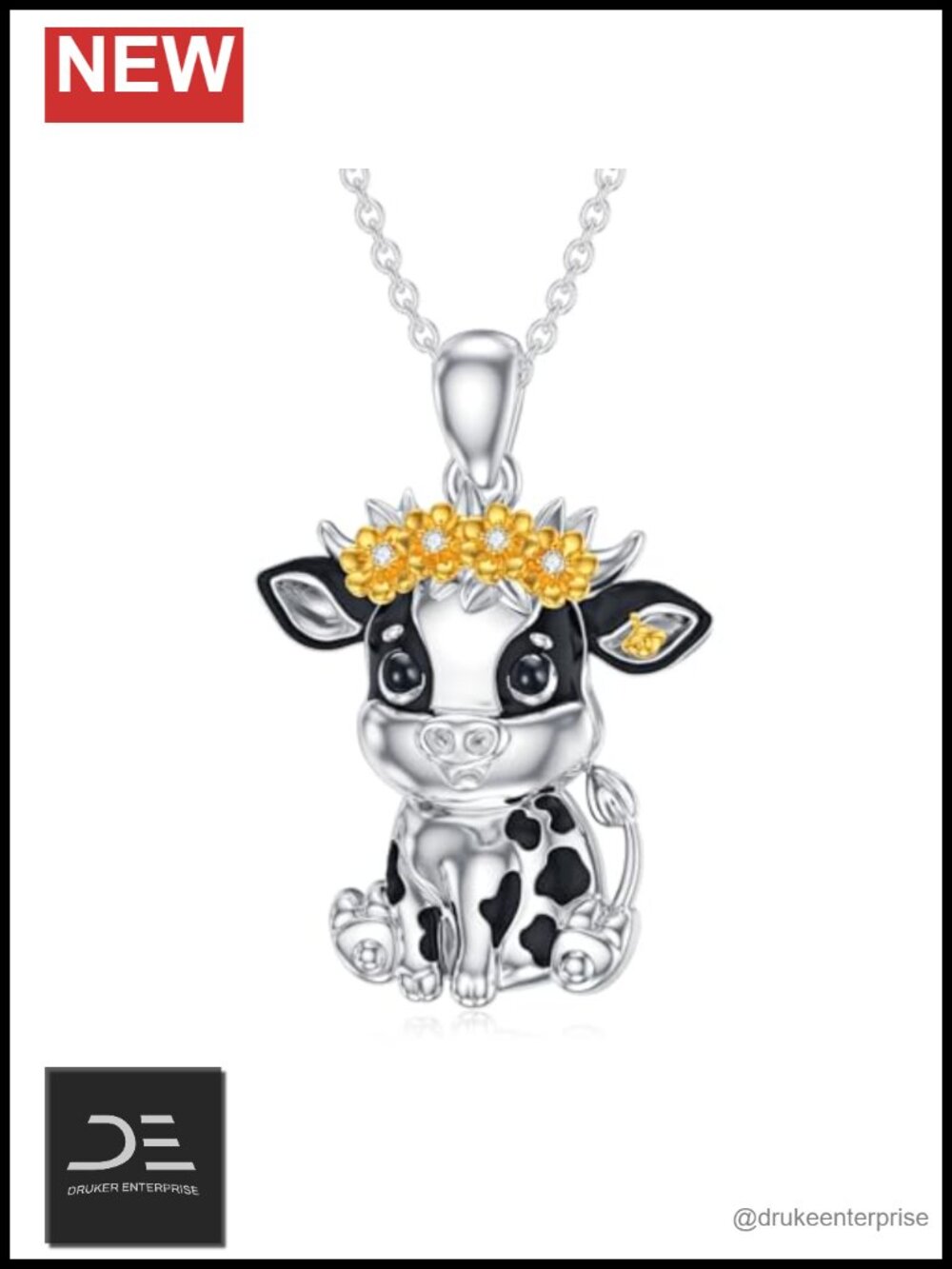 925 Sterling Silver Diamond Cow Pendant Necklace 18in Adjustable Chain
